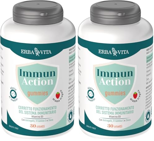 ERBA VITA Immun Action Gummies integratore alimentare per grandi e piccini, in pratico formato caramella gommosa - 30 gummies (Confezione da 2)