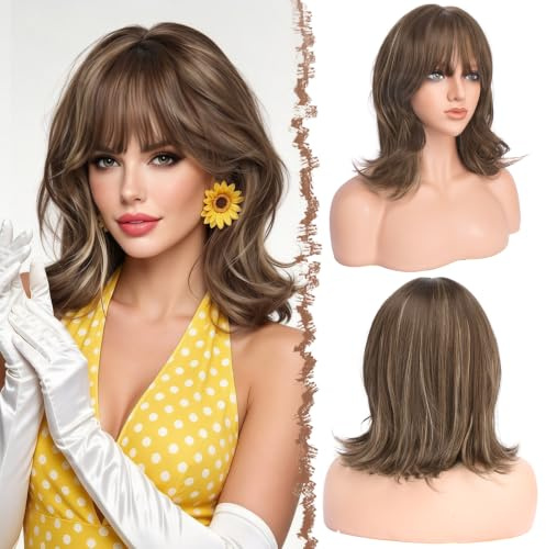 FESHFEN Bob Perücke mit Pony - Wellig Kurze Perücken für Frauen Synthetische Natürlich Haarperücke Geschichtete Wellen Wigs für Tägliche Party, Braun gemischtes Honigblond