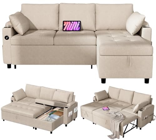 YODOLLA Schlafsofa 3-in-1, Umschaltbare Chaiselongue Sofa, Leder Schlafsofa mit Bettkasten, USB-Ports & Tassenhalter, Ausziehsofa für Wohnzimmer & Wohnung, Beige