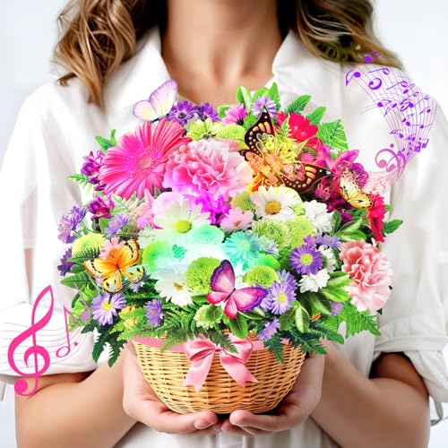 Geburtstagskarten für Frauen, Geburtstagskarte mit Musik und Lichtern | Daisy und Butterfly, 3D-Pop-up-Geburtstagskarte mit Blumenstrauß für Frauen, Mutter, Ehefrau, Tochter