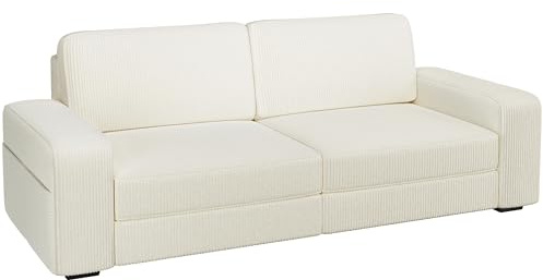 Yaheetech Sofa 212 x 83,5 cm Elfenbein mit Breite Armlehnen | Polstersofa aus Cordstoff mit Abnehmbare Kissen Couch für Wohnzimmer/Schlafzimmer