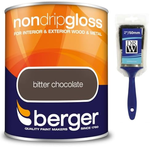 Bitter Chocolate Non Drip Gloss Paint 750ml +2 Brush | Interior and Exterior Wood and Metal Paint | High Shine Durable Gloss Finish | Non Drip Trim Paint for Doors Skirting Boards Gates and Railings