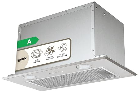 Integrated Canopy Cooker Hood 52cm, Stainless Steel Built-In Kitchen Extractor Fan, Energy Rating A, 37W, 317 m³/h Extraction, 3 Speeds & LED Light, Igenix IGCH00029SS