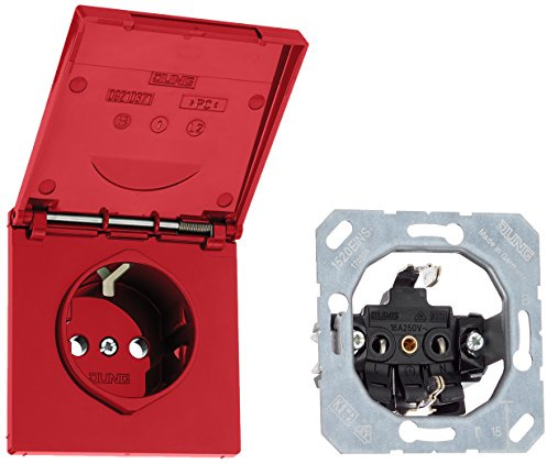 Jung Schuko Steckdose 16 A 250 V Bruchsicher mit Berührungsschutz und Klappdeckel Serie LS Rot, 1 Stück, LS 1520 BFKIKL RT