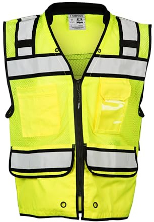 Kishigo Unisex High Visibility Reflective High Performance Surveyors Vest S5004, Zipper Closure, Polyester, ANSI 107 Type R / Class 2, Multiple Pockets for Tools and Equipment Storage (Lime, XL)