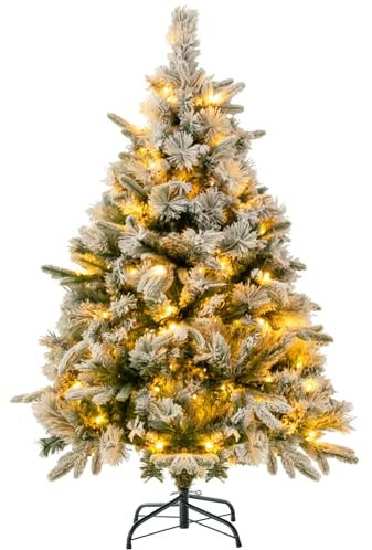 GYMAX 4.5FT/6FT Pre-Lit Christmas Tree, Snow-flocked Xmas Tree with 384/752 Branch Tips, 150/250 Warm-White LED Lights and Pine Needles, Holiday Decor Hinged Tree (136cm)