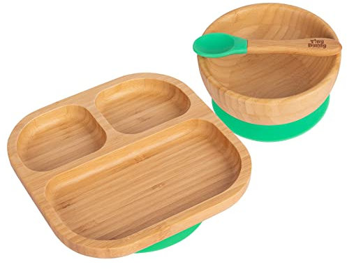 Tiny Dining Baby-Geschirrset - segmentiert - grün - 3-teilig - geteilter, Rutschfester, selbsternährender Baby-Entwöhnungsteller, Schüssel und Löffel aus Bambus für Babys