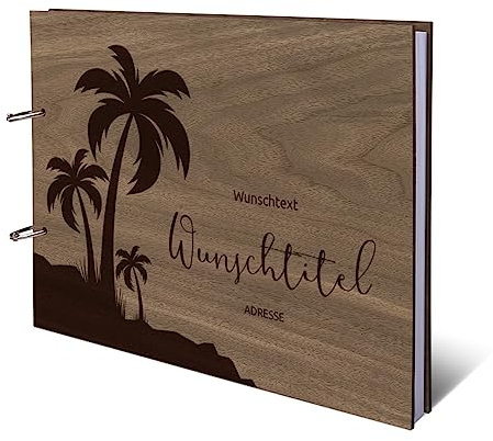 Ferienwohnung Gästebuch Nussbaum Holzcover mit individueller Gravur inkl. 72 Naturpapier Blätter DIN A4 quer 302 x 215 mm - Palmen