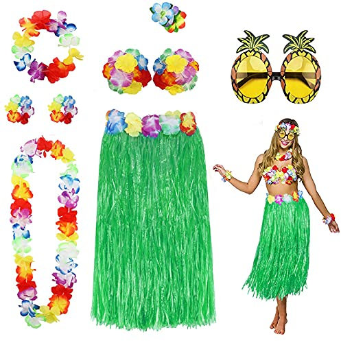 PHOGARY 8 Teilig Hawaii Mottoparty Kostüme Set, Hula Rock (Grün), Blumenkette, Blume-Armbänder, Blumen-BH, Haarblume, Ananas-Sonnenbrille für Tikiparty Beachparty Deko