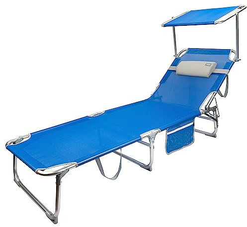 Aktive 62649 - Tumbona plegable con parasol | Tumbona de playa con cojín, 188x58x30 cm | Tumbona jardin exterior aluminio azul | Peso máx 110 kg | Tumbona reclinable 3 posiciones