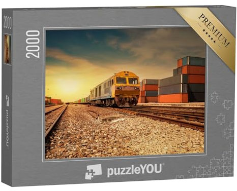 puzzleYOU: Puzzle 2000 Teile „Güterbahnhof im Sonnenuntergang“ – aus der Puzzle-Kollektion Eisenbahn, Lokomotive