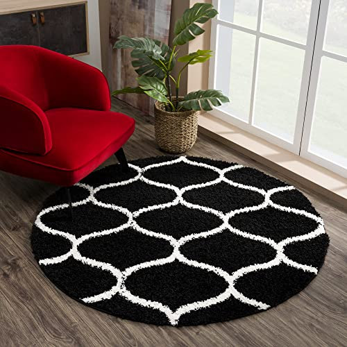 SANAT Madrid Shaggy Teppich Rund - Hochflor Teppiche für Wohnzimmer, Schlafzimmer, Küche - Schwarz, Größe: 120 cm