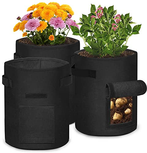 HENGMEI 3 Stück Pflanztasche aus Vliesstoff 38L Kartoffel Pflanzsack Pflanzbeutel mit Griffen und Sichtfenster für Balkon Pflanze und Gemüse (Schwarz)
