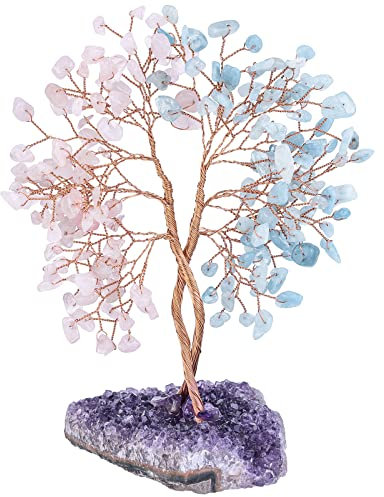 KYEYGWO Aquamarine & Rosenquarz Heilung Kristall Geldbaum auf Natürlichen Amethyst Drusensegment Rohstück Basis, Feng Shui Bonsai Baum Deko Stein Glückbaum Liebe Edelsteinbaum Ornament
