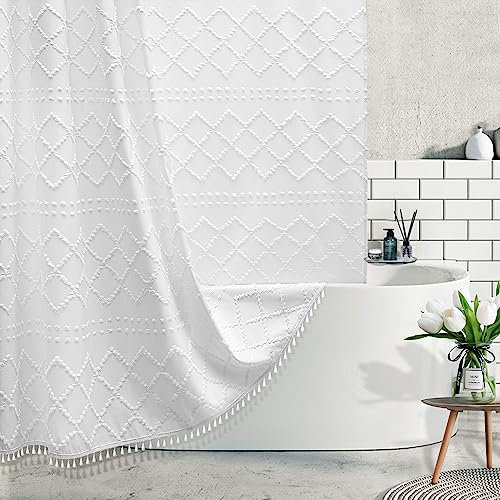 Tenda da doccia in tessuto bohémien bianco con nappe, 183 x 183 cm, moderna e minimalista, a righe a zigzag trapuntato shabby chic, resistente all'acqua, per bagno, decorazione hotel