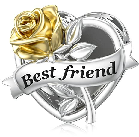 LANBEIDE Best Friend Charms, 925 Sterling Silver Openwork Love Heart European Beads Charms with Gold Rose fit Pandora Bracelet Necklace Present for women
