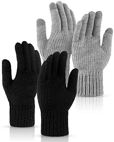 SATINIOR 2 Paar Winter Warme Touchscreen Handschuhe Winddicht Thermo Strickhandschuhe für Damen Herren Fahrrad (Schwarz, Hellgrau)