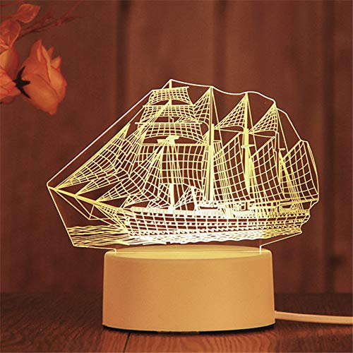 AKIS HOME 3D Nachtlicht, LED Illusion Lampe mit Smart Touch 7 Farben für Wohnzimmer Schlafzimmer, Geburtstagsgeschenk für Mädchen Junge (Segelboot, 3-farbig)
