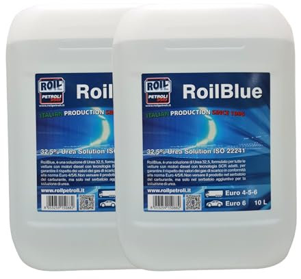 20 Litri di ROILBLUE AdBlue UREA 32.5 Euro 6 Additivo per Motori Diesel, IMPIANTI SCR, ISO 22241, DIN70070, Euro 4/5/6 Tanica con Imbuto versante Omaggio (Solo Urea, 2 Urea)