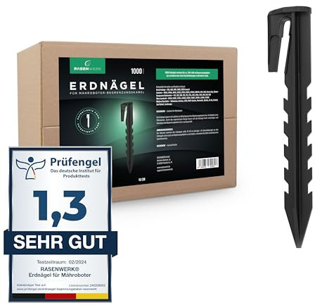 RASENWERK® - Erdnägel für Mähroboter Begrenzungskabel - 1000 Stück - Erdanker mit patentierter Form - Erdspieße für Begrenzungsdraht - Kompatibel mit Gardena, Husqvarna, Worx, Bosch, AL-KO
