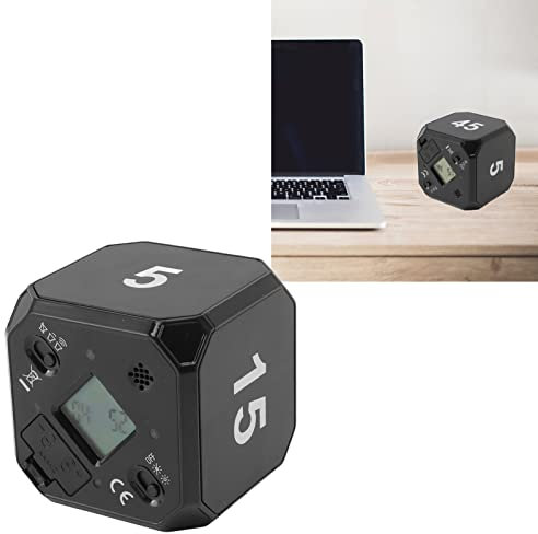 Fabater Würfel-Timer, Schwerkraftsensor-Flip-Timer, Küchentimer, Digitaluhr-Timer mit Hintergrundbeleuchtung, Stummschaltung und Einstellbarer Tonuhr, 5, 15, 25, 45 Min Voreinstellungen (Schwarz)