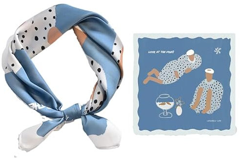 GIMIRO Schal aus imitierter Seide [53 x 53cm] Quadratische Schals Eleganter Damenschal Hellblau-Weiß mit Punktmuster Seidenlook (Blue-Fish Play)