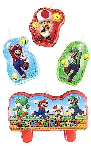 Amscan 171554-55 – Velas de Super Mario, Happy Birthday, 4 unidades, velas de cumpleaños