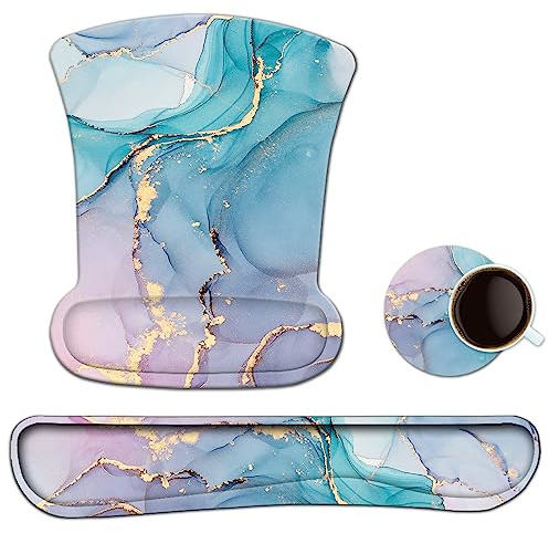 AIMSA Mouse Pad Wrist Support Set Keyboard Wrist Rest, Ergonomic Memory Foam Non-Slip Base Easy Typing Pain Relieve for Computer Laptop Home Office, Green Purple Marble