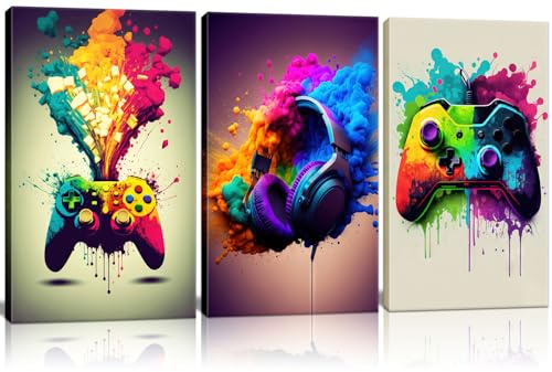 Gerahmtes 3-teiliges Spielzimmer, dekorative Wandkunst, Farb-Videospiel-Griff, Kopfhörer, Graffiti-Thema, Poster, Neonlicht, Poster, Druck, Bild, Kinder, Jugendliche, Kunstspielmaschine, Jungen