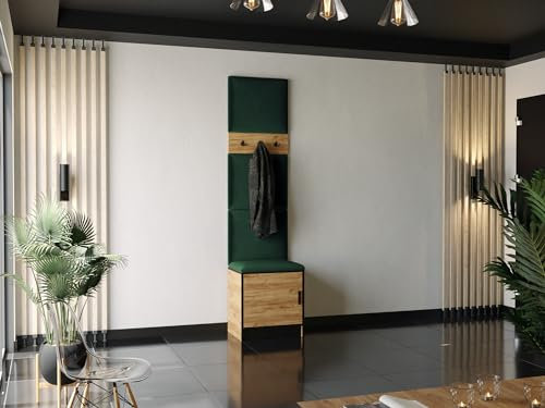 KIER FURNITURE Flurgarderobe Mit Gepolstertem Sitz Und Paneelen – Gardarobenstaender – Sitzbank Garderobe – Flurgarderobe Schmal – Farbe Eiche Craft Golden + Stoff Grün – 53,2 x 205 x 39 cm