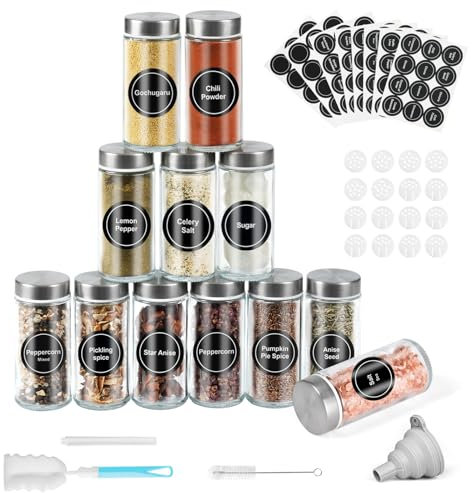 FRIBERG Gewürzgläser Rund 12er Set, 120ml Gewürzdosen Glas Gewürzstreuer mit Schraubkappe, Gewürzbehälter Gewürze Aufbewahrung mit Streueinsatz, Etiketten, Trichter, Bürste