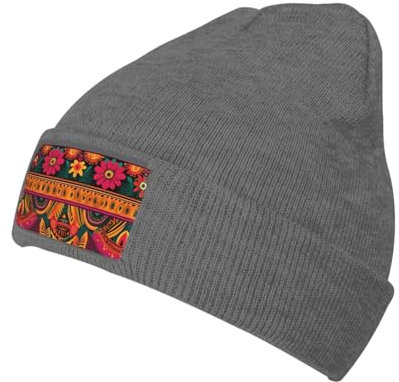 Beanie-Mütze mit mexikanischer Volkskunst, Boho-Druck, für Damen und Herren, Strickmütze, warme Wintermütze, modische Beanie-Mütze mit Bündchen, dunkelgrau (Deep Heather), Einheitsgr��e