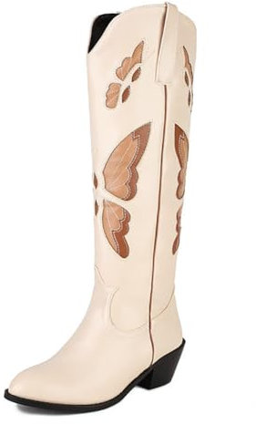 WeFloHsL Donna Stivali da Cowboy Tacco Largo Ricamati A Farfalla Punta Tonda Vintage Stivali Western,Beige,36 EU
