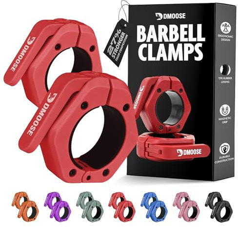 DMoose Fitness Langhantel-Clips, 5,1 cm, 2 Stück, olympische Langhantelklemmen mit rutschfestem TPR-Futter, Langhantelverschlüsse für sicheres Gewichtheben und Powerlifting, Gewichtsclips (rot, nicht