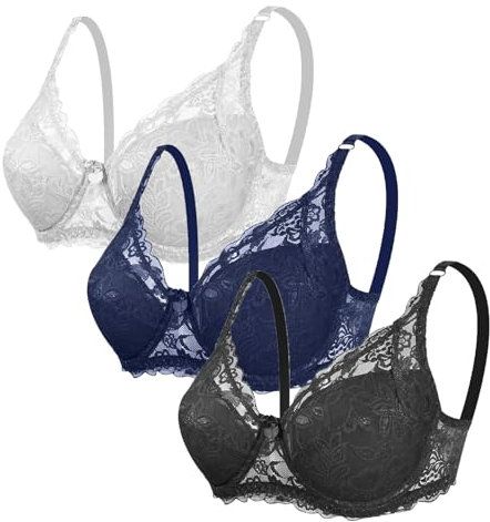 CSWH 3er Pack Damen BHS ohne Bügel Fraun Push Up Sexy Spitzen-BH mit verstellbarem Trägern Mädchen Atmungsaktiver Weich Bequemer BH Unterwäsche Bra für Alltag