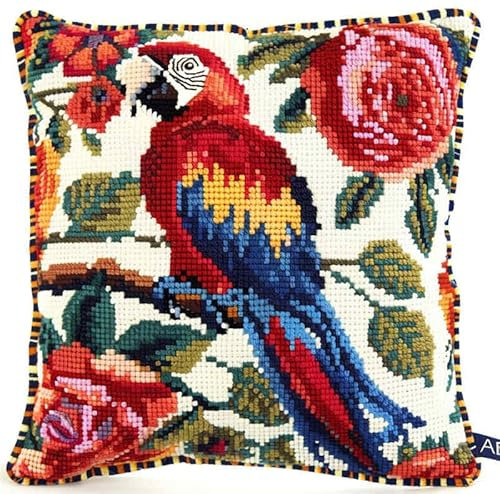 kitphoenix Diy Knüpfhaken-Set Knüpfkissen Zum Selber Knüpfen,Papagei Und Blumeset Latch Hook Kissen Kit Knüpfteppich Knüpfpackung, Sofakissenbezug Handgemachte Geschenke, 43 × 43 Cm