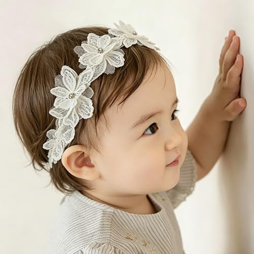 ICKEYOU Blumen-Stirnbänder für Babys und Mädchen Süßes Tauf-Stirnband aus weicher Spitze Blumenkrone für Neugeborene Kleinkinder Haarschmuck für Geburtstagsfeiern Fotografie(Weiße Strassperlen)