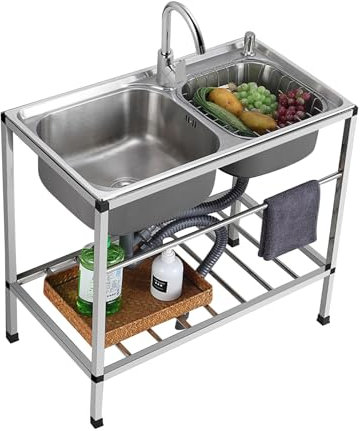 Edelstahl Spültisch Gastro,2 Becken Außenbereich Spülbecken,Camping Waschbecken,Vorbereitungs- Und Versorgungswaschbecken Für Wäsche,Haustiere Baden,mit Wasserhahn Mit Kalt Und Warmwasserschläuchen (