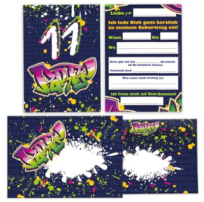 Junapack 12 Einladungskarten inkl. 12 Umschläge zum 11. Kindergeburtstag Einladung Set Geburtstag Mädchen Kinder Jungs Jungen Boys Teenies Graffiti Jugendstill modern bunt grün lila neon