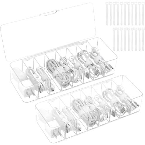 WPPQWP Kabel Aufbewahrungsbox 2 Stück, Transparenter Kabel Organizer Box mit 8 Fächer, 20 Kabelbindern, ladekabel aufbewahrung für Büro, Zuhause, Schreibtisch Lagerung
