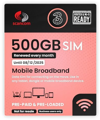 Three 500GB Data SIM – Uncapped 5G Speeds – Preloaded EVERY MONTH Until 8th DECEMBER 2025 – No Contract – Plug & Play for Business Broadband, Routers & Phones