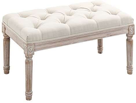 HOMCOM Sitzhocker, Polsterbank mit Leinenoptik, Fußhocker mit gepolstertem Sitz, Holzbein, Ottomane Fußstütze aus Holz, für Wohnzimmer, Schlafzimmer, Cremeweiß