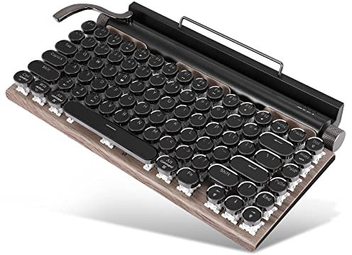 Jrifedptry Teclado de máquina de escribir retro, inalámbrico, Bluetooth, USB, mecánico, punk, para computadora de escritorio, portátil, teléfono, color madera