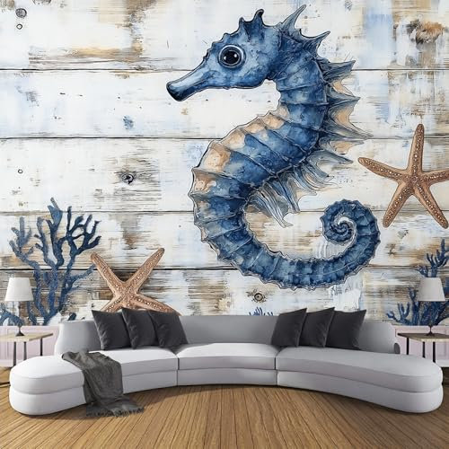 Papel Pintado Pared Caballito De Mar Fotomurales 3D Tv Fondo Pared Moderno Dormitorio Murales, 200x140cm - 4 partes Fotografía, Caballito De Mar Azul