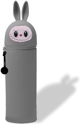 Kawaii labubuuo Federmäppchen,2 in 1 Mäppchen aus Weichem Silikon,Federmäppchen Mädchen,Hellrosa Labubuuo Federmäppchen,Teleskopisch Mäppchen,Ständer Schlampermäppchen,Cartoon Stifteköcher (Grau LABU)