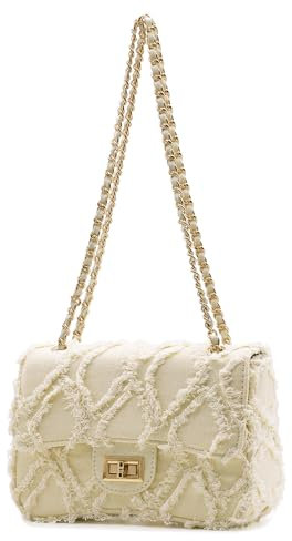 Milisente Damen-Umhängetasche, klein, gesteppt, Denim-Tasche, Kette, Clutch, Geldbörsen und Handtaschen oder Crossbody-Tasche für Abendveranstaltungen, formelle Partys, Gelb / cremefarben, Small