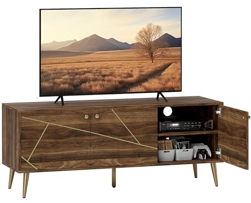 HOMCOM Meuble TV Meuble télé Bois pour téléviseur jusqu'à 60 Pouces avec placards étagères Ajustables Pieds en Acier pour Salon Chambre à Coucher, 130 x 40 x 52 cm Marron