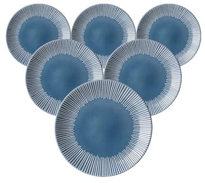 Ritzenhoff & Breker Banda Dessertteller 6er Set, 21 cm, Runde Frühstücksteller mit Streifen-Relief, Minimalistisches Geschirr in Coupe-Form, Spülmaschinenfest, Steingut, Blau