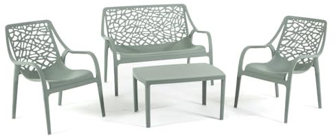 Set / Salon de jardin et extérieur en polypropylène avec fibre de verre 4 places, canapé deux places, 2 fauteuils et table basse, empilable, imperméable, design moderne - Set Maratea (vert sauve)