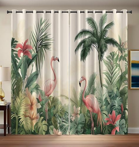 CEDNXOER Gardinen Blickdicht 2er Set H 200 x B 70 cm,Tropisch Dschungel Verdunklungsvorhänge mit Ösen Flamingo Tier Motiv Schlafzimmer Wohnzimmer Vorhänge und Gardinen